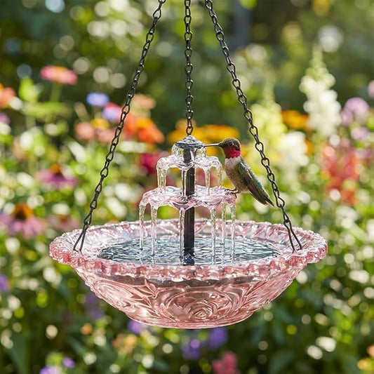 Solar Hanging Bird Bath with Fountain Cascade, Solar Powered Cascade Hanging Bird Bath Fountain with Solars Pump,for Outdoor and Gardens (Pink)