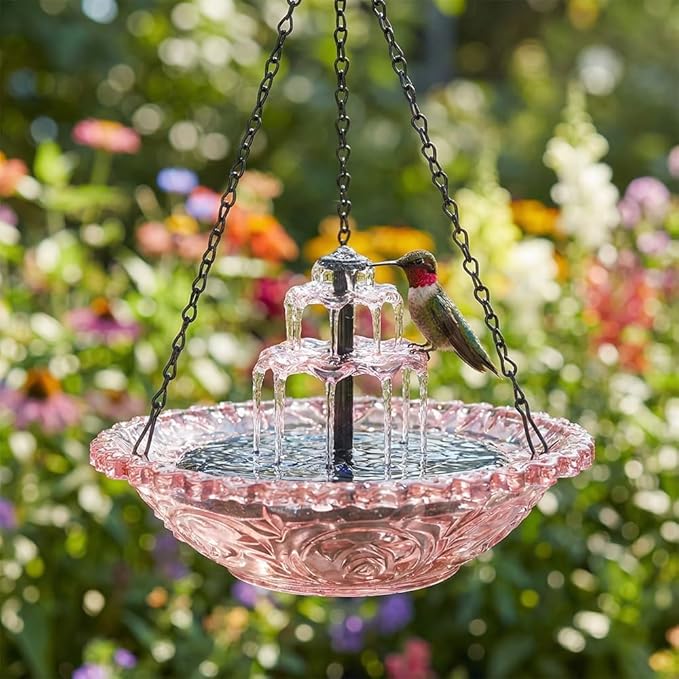 Solar Cascade Hanging Bird Bath Fountain,Solar Powered Cascade Hanging Bird Bath Fountain with Solars Pump,for Outdoor and Gardens (Pink)