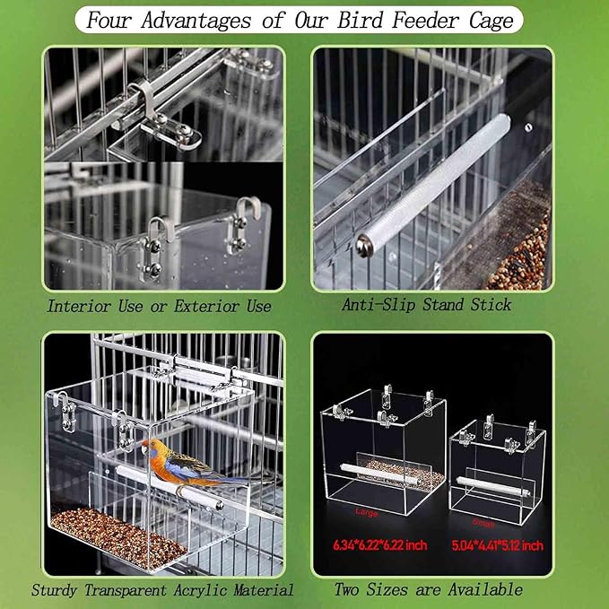 Automatic Bird Feeder for Cage, Automatic Acrylic Bird Feeder No Mess Bird Cage for Small Bird Parrots Canary Parakeet Budgerigar Crested Myna Cockatiel (Small)