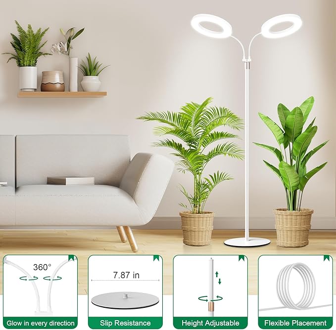 LBW Dual Head Grow Light with Stand for Indoor Plants, Full Spectrum Grow Light for Multiple Tall Plants, Adjustable Height up to 68", Auto Cycle Timer 6/8/12/16H, 5-Level Dimmable, 3 Lighting Modes