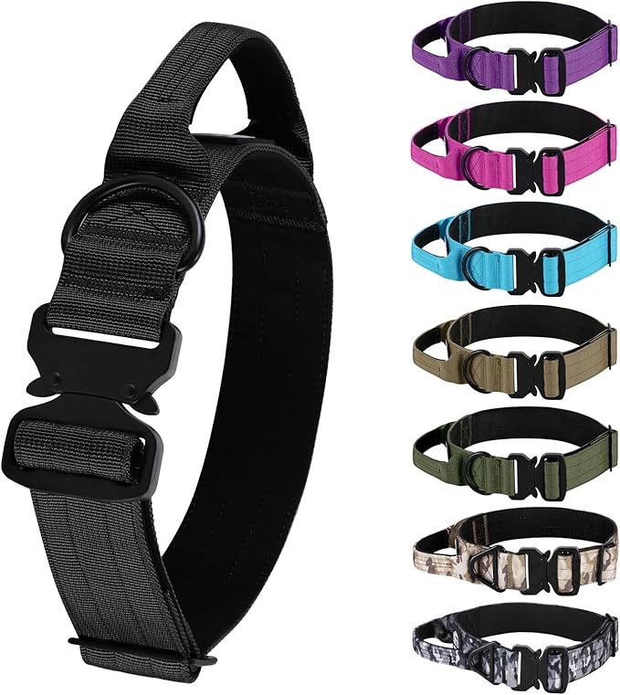 Tactical Thick Dog Collar, Adjustable Training Nylon Dog Collar, Heavy Duty Metal Buckle & Control Handle for Small Medium Large Dogs (M, Black)