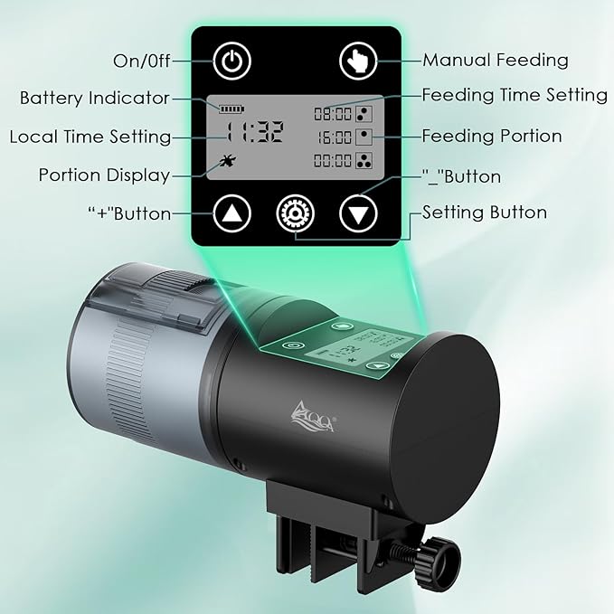 AQQA Automatic Fish Feeder for Aquarium, 200ml Large Capacity Moisture-Proof Fish Feeder Automatic Dispenser with LCD Timer, Battery Operated Auto Fish Feeder for Betta, Turtle, Fish, Koi, Small Tank