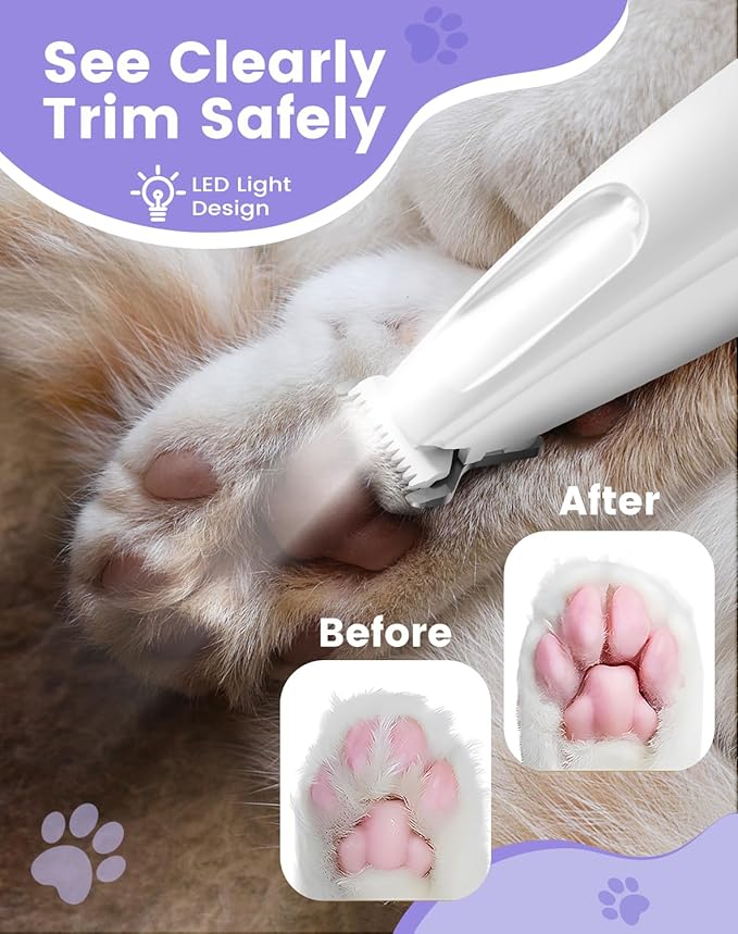 PAPMINI Dog Paw Trimmer with LED Light, 35dB Low Noise Paw Trimmers for Dog's Feet, 2 Speed Safety Electric Dog Clippers for Grooming, Rechargeable Cat Shaver for Paws, Ears, Face, Rump (White)