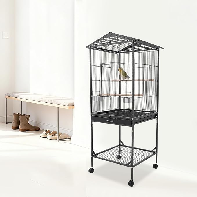 Bird Cage with Stand 54 Inch Birdcages with Pull-Out Tray, Rolling Bird Cage Stand with Wheels for Parakeets, Parrot, Cockatiel, Pigeon, Finch Cage for Birds(Black)