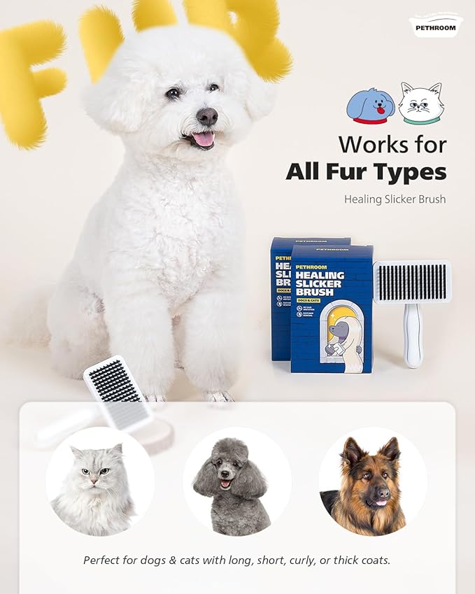 PETHROOM Self-Cleaning Slicker Brush for Dogs & Cats – Gentle Grooming & Deshedding Tool, Removes Mats & Tangles, Skin-Friendly Coated Tips, One-Touch Hair Removal Button