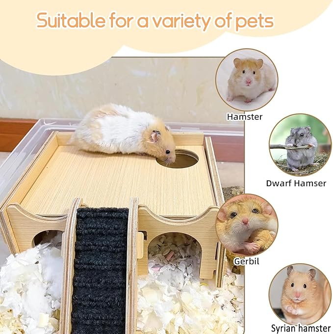 Wooden Hamster Hideout House,Multi-Chamber Syrian Hamster Hide Hut with Ladder Platform Bowls,Gerbil Explore Hiding Maze House Habitats Decor Accessories for Rat,Dwarf, Mice,Mouse