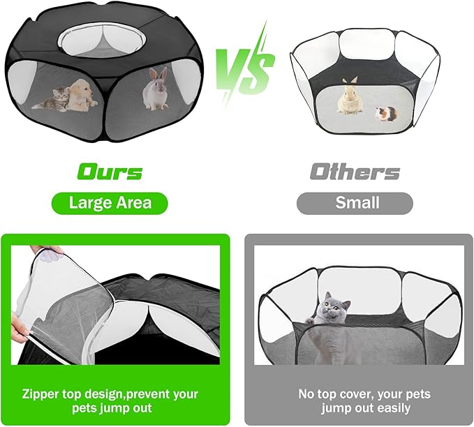 Small Animal Playpens with Top Cover, Foldable Breathable Small Pets Cage Tent Outdoor Indoor Portable Play Pen for Guinea Pig Hedgehog Hamster Cat Rabbit Bunny Puppy Ferret Rat Chicks (Black)