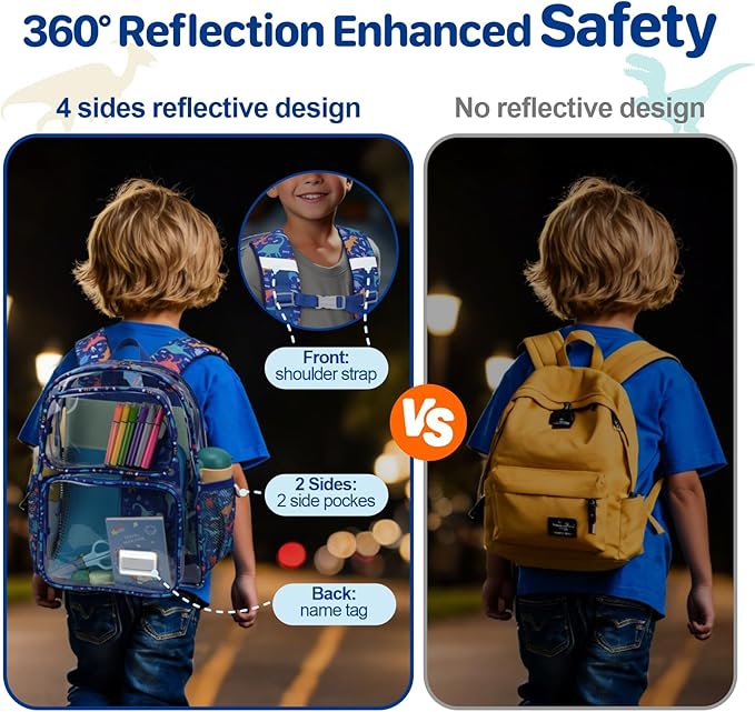 Bagseri 3pcs Clear Backpack for Boys - 15 Inch School Bag Set with Lunch Box and Pencil Case, Heavy Duty Transparent Bookbag for Kindergarten to Grade 2, Blue Dinosaur