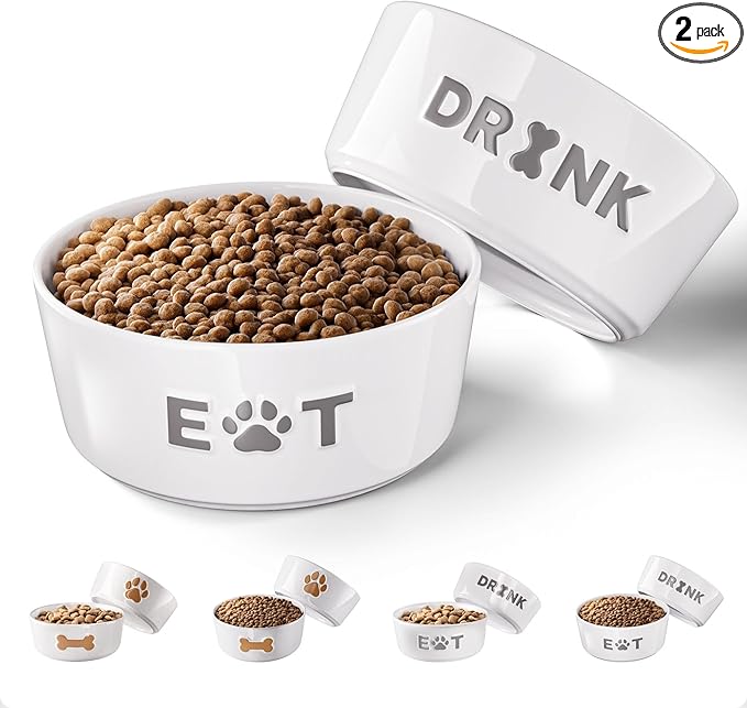 Ceramic Dog Bowl Set of 2 with Anti-Skid Base - 6.5" Wide x 2.5" Tall Ceramic Dog Bowls Medium Sized Dogs - 3.8 Cup Capacity Food and Water Bowls for Dogs - Rubber Bottom Pet Bowl Set of 2 Medium Size