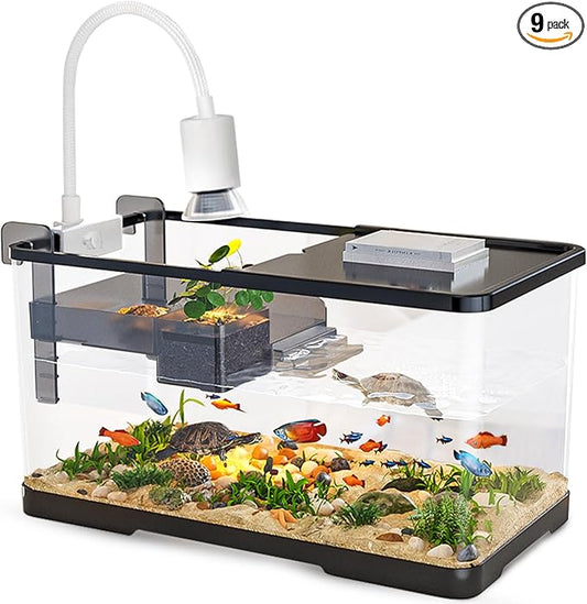 (Tank + Light + Filter Balls) Turtle Tank Kit, Turtle Tank Starter Kit,Bottom Drainage, Multi-Function Areas for Turtles, Crabs,Fishes, Amphibians,Reptiles. (11.81 × 7.88 × 7.88 Inch)