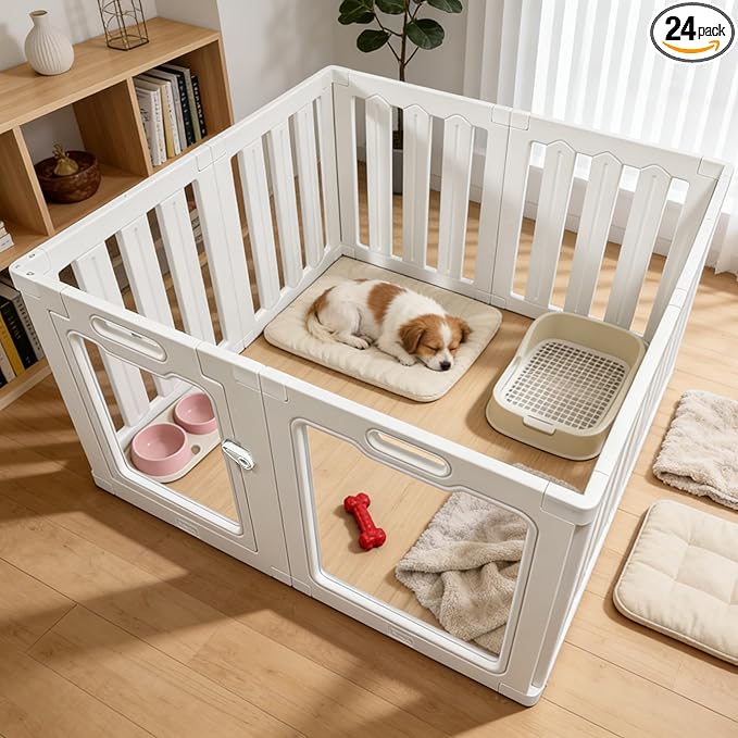 Acrylic Indoor Dog Playpen with Heavy Duty Door Lock,24" H 8 Panels DIY Puppy Playpen Pet Play Pen for Small Animal, Easy Assemble and Clean Plastic Pet Fence,White