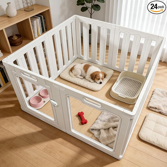 Acrylic Indoor Dog Playpen with Heavy Duty Door Lock,24" H 8 Panels DIY Puppy Playpen Pet Play Pen for Small Animal, Easy Assemble and Clean Plastic Pet Fence,White