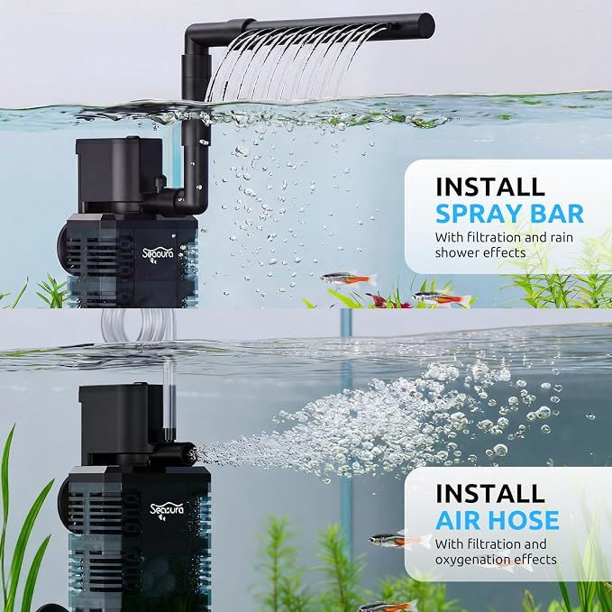 SEAOURA Quiet Internal Aquarium Filter 100GPH Water Pump for 5-15 Gallon Fish Tanks Aeration System | Built-in Aeration Oxygen System Stable Circulation Pump Detachable Washable Filter Sponge Compact Submersible Internal Design
