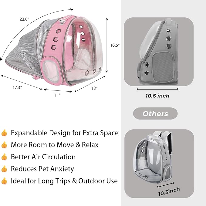 Pet Carrier Backpack Expandable for Cats and Small Dogs, Breathable Anti-Collapse Design, Airline Approved Travel Backpack for Hiking and Outdoor Use (Back Expandable-Pink)