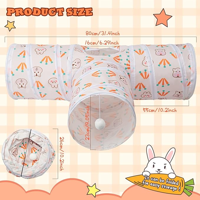BWOGUE Bunny Tunnels & Tubes Collapsible 3 Way Bunnys Hideout Small Animal Activity Tunnel Toys for Dwarf Rabbits Guinea Pigs Kitty