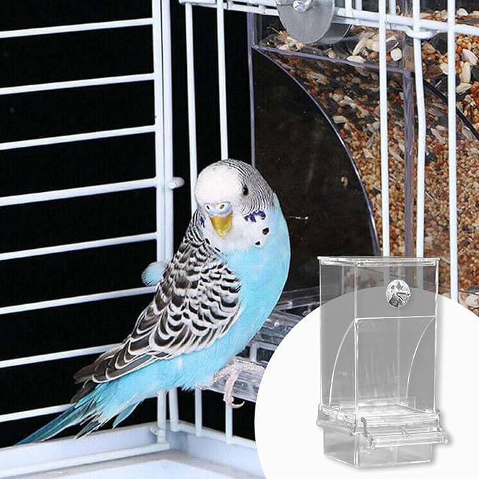 No Mess Automatic Bird Feeder, Acrylic Transparent Parrot Feeder Cage Accessories, Parrot Seed Food Feeder Container Cage Accessories for Small Medium Birds Parakeets Lovebirds (Transparent)