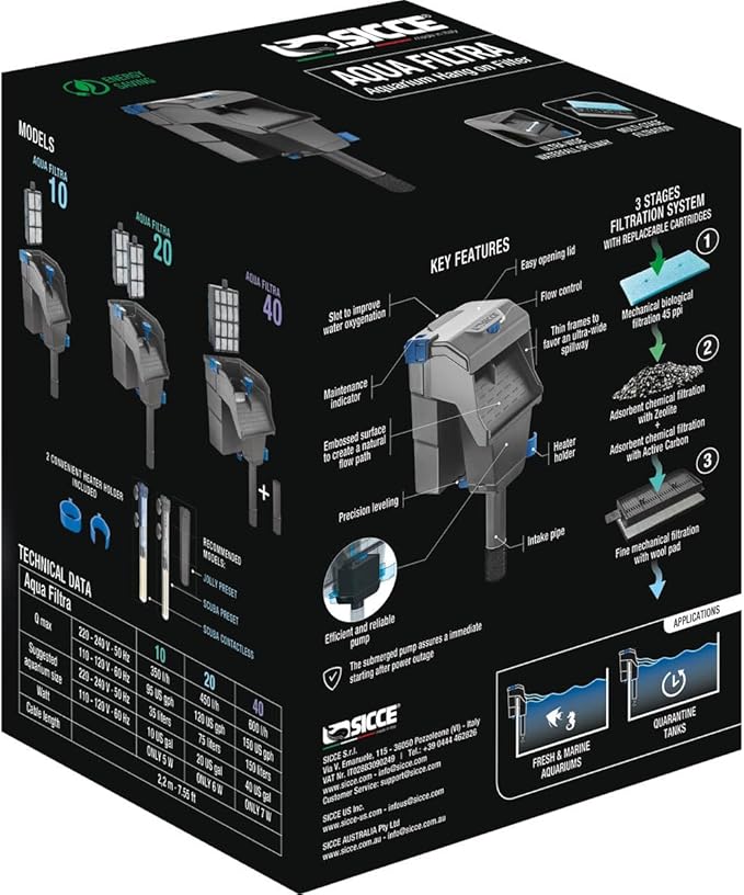 Sicce Aqua Filtra 10 Hang On Back Aquarium Fish Tank Power Filter Up to 10 Gallon Aquariums - Quiet 3-Stage HOB for Freshwater & Saltwater