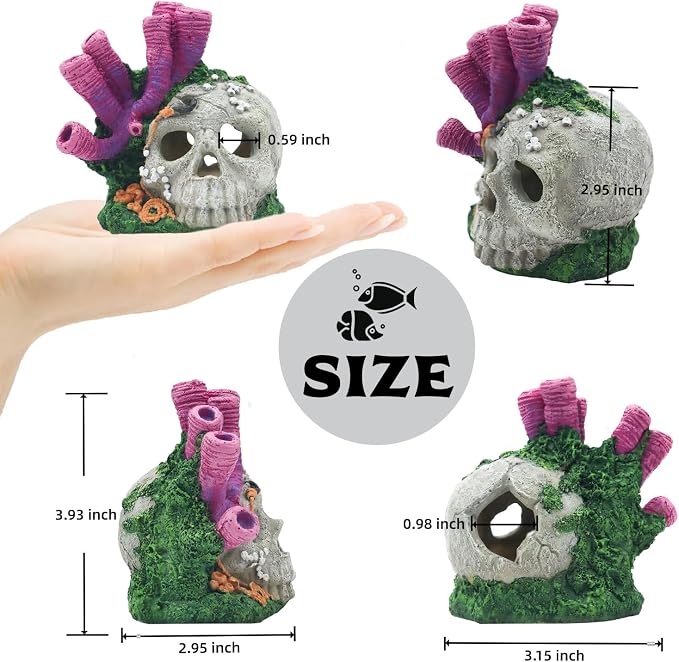 Skull Aquarium Hideout with Coral – Betta Fish Tank Decorations, Shrimp Cave & Small Fish Hideaway, Resin Underwater Skull Decor for Freshwater Aquarium