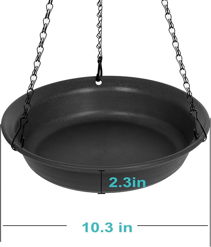 VUWEZ Hanging Bird Bath, Hanging Bird Water Feeder for Outdoors, Feeder Bowl, 1 Pack Birdbath Tray Accessories for Outside, Plastic Birdbaths Tray for Garden Patio Decoration (10", Dark Black)