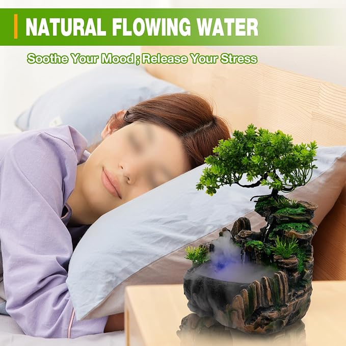 Indoor Fountain Rockery Tabletop Fountain with an Atomizer Elaxation | Water Feature Meditation Desktop Fountains for Home Office Decor or Gift 6.7''L x 5.9''W x 7''H with LED Light