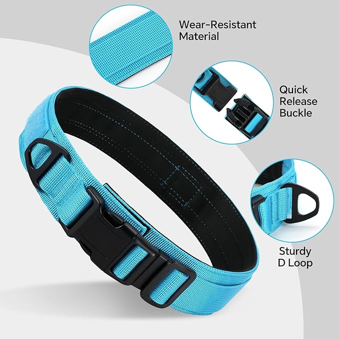 Tactical Durable Dog Collar, Metal D-Ring, Adjustable Heavy Duty Dog Collar with Heavy Quick-Release Buckle for Medium Large Dogs (Blue, L)