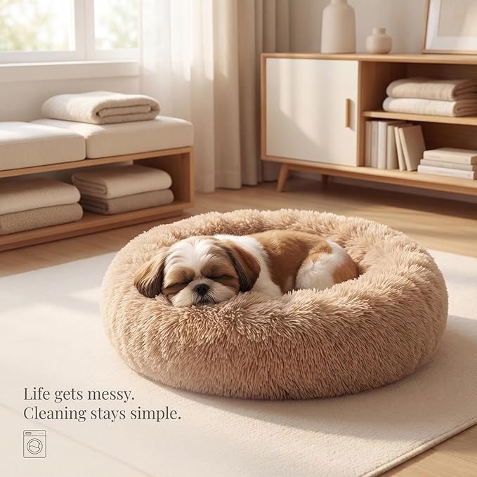 Calming Donut Dogs Beds for Small Dogs Washable,23inch Plush Round Pet Bed for Cozy Sleep,Fluffy Faux Fur Large Cat Bed,Fits up to 25 lbs Pets,Camel