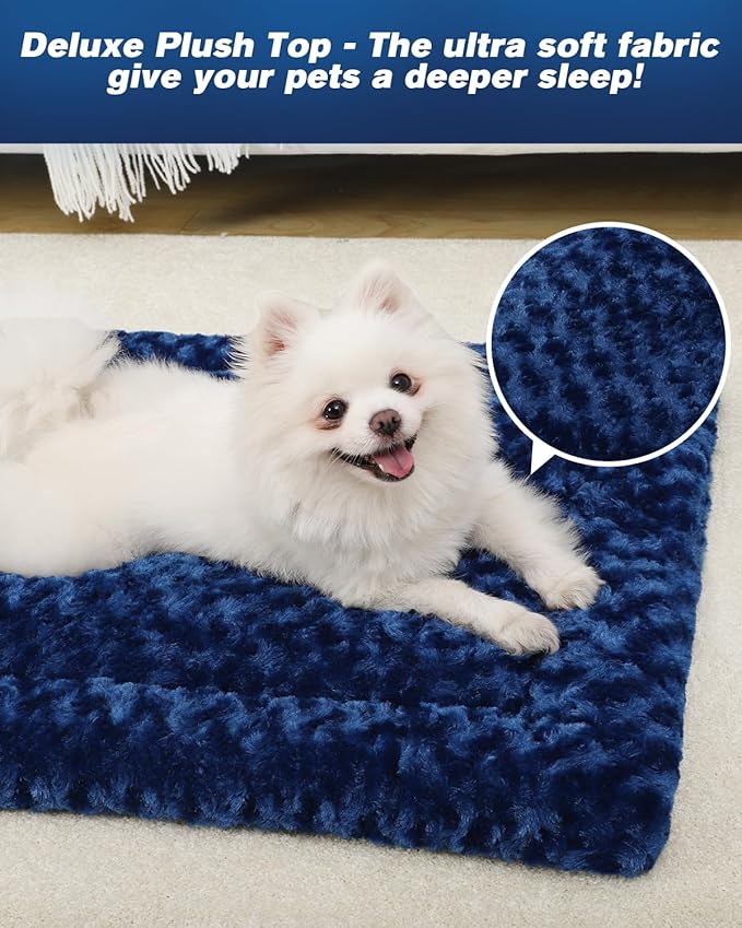 Washable Dog Bed Mat Crate Pad Soft Fluffy Pet Kennel Beds Dog Sleeping Mattress for Large Jumbo Medium Small Dogs, 48 x 30 Inch, Blue