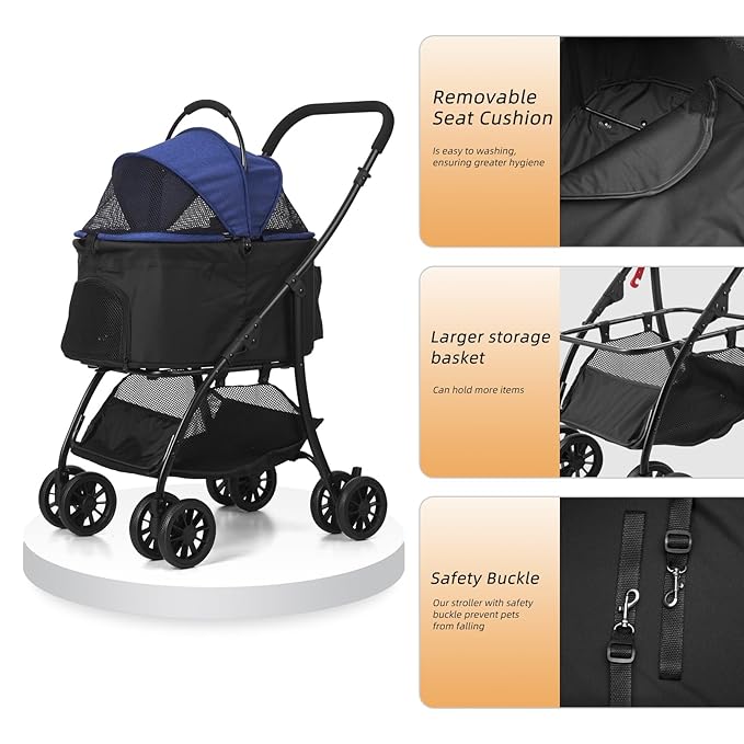 Pet Stroller Quickly Folds for Easy Storage Cat Stroller with Detachable Carrier Thickened Oxford Cloth Breathable Basket Dog Strollers for Small Dogs (Blue)