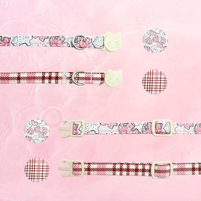 Elegant little tail 2 Pack Cat Collar-Pink Cotton Breakaway Cat Collars with Bell Pendant Kitten Boy Girl Safety Adjustable Collar for Small Cats Puppy