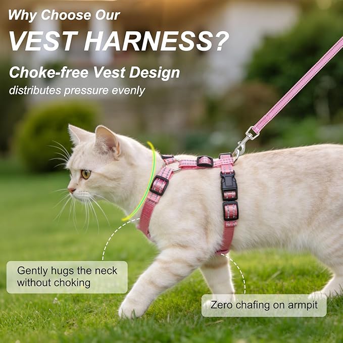BEAUTYZOO Cat Harness, Escape Proof Cat Leash and Harness Set for Walking, Soft Breathable Vest Harness with Neck Adjustable, Reflective Easy-Control Kitten Harness for Cats,Alpaca-Pink S