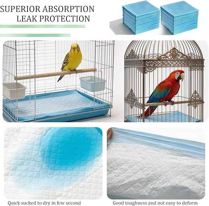 100 Sheets Disposable Bird Cage Liner, Super Absorbent Leak-Proof Birdcage Liners Cuttable Birdcage Liner Quick-Dry Surface for Cockatiels Canaries Parrots (12.9" x 17.7")