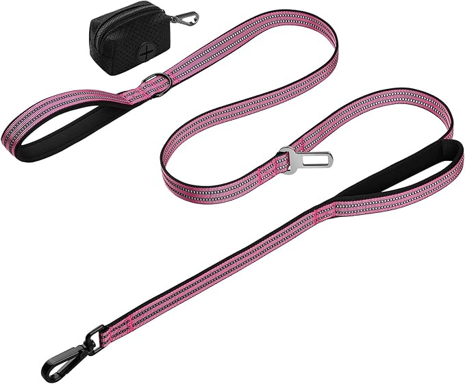 WINGOIN Dog Leash for Large Medium Small Dogs, Heavy Duty Dog Leashes with Double Handle, Poop Bag Holder, Car Seat Belt Buckle, Reflective Tactical Pet Lead for Walking, Training (Pink, 6FT)