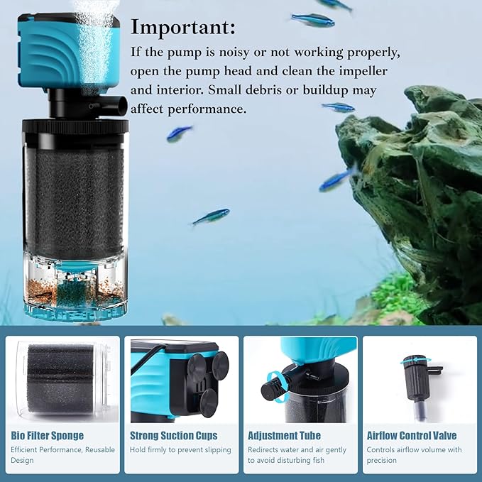 Submersible Aquarium Filter, Upgraded 15-50 Gallon Fish Tank Filter with Fish Guard, 220GPH Internal Whisper Pump, Fresh/Saltwater, Debris Tray, Check Valve, 8-Inch