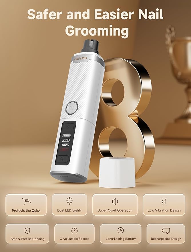 Dog Nail Grinder, Quiet Electric Dog Nail Trimmer with 2 LED Lights, 3-Speed Pet Nail Grinder for Dogs & Cats, Rechargeable 2000mAh Nail Grinder for Small Medium Large Dogs with Light, White