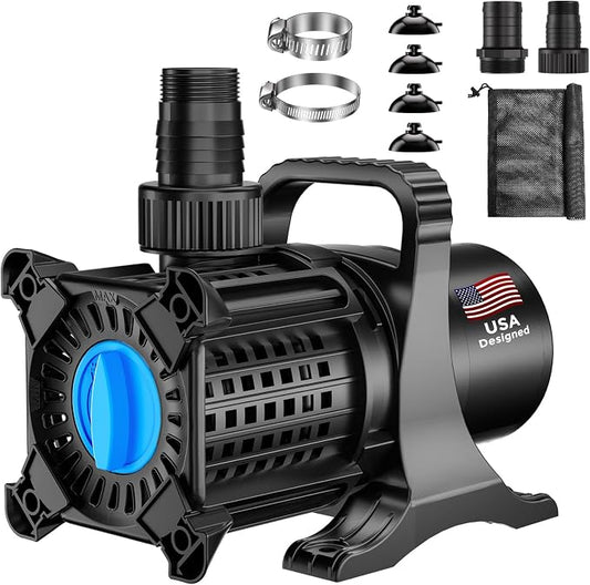 Pond Pump, 8500 GPH Adjustable Flow Submersible Water Pump with Filter Bag, Copper Motor, IPX8 Waterproof for Outdoor Koi Pond, Fountain, Waterfall, Hydroponics