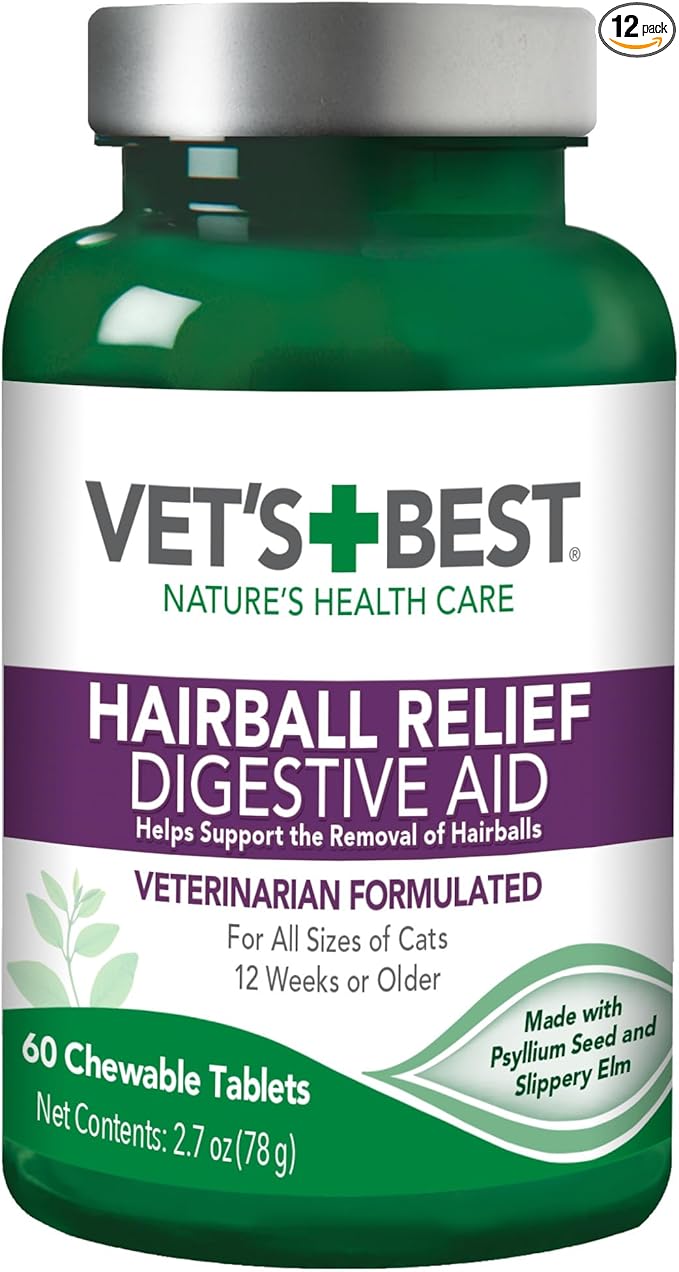 Vet’s Best Cat Hairball Relief Digestive Aid, Vet Formulated Hairball Support Remedy, Hairball Relief for Cats, Classic Chicken Flavor, 60 Chewable Tablets (Pack of 12)