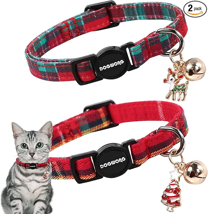 Cat Collar,2 Pack Cat Collars Breakaway with Bell, DOGWONG Safety Buckle Red Christmas Plaid Cat Collar for Girl Boy Cats and Small Dogs，Adjustable 7-12 Inch,Pet Supplies Accessories