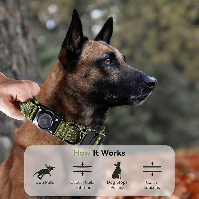 2026 Upgrade Waterproof AirTag Dog Collar, Military Tactical Dog Collar with AirTag Holder, Comfortable Control Handle and Metal Buckle, GPS Dog Collar Holder for Medium to Large Dogs (ArmyGreen, XL)
