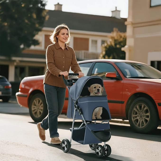 Pet Stroller for Small Dogs 10 lbs, Dog Stroller for Medium Dogs 30 lbs, Cat Strollers for 2 Cats, 3 Wheels Foldable Jogger Puppy Stroller with Storage Basket and Cup Holder, Navy Blue