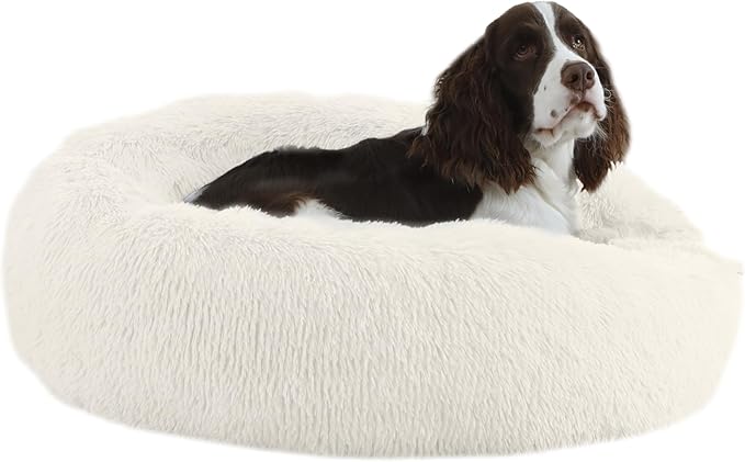 Bunlitent 30'' inch Calming Dog Bed, Anti-Anxiety Donut Small Medium Dog Bed, Warming Cozy Soft Cute Round Washable, Marshmallow Cuddler Nest Puppy Dogs and Cats Bed, White