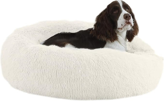 Bunlitent 30'' inch Calming Dog Bed, Anti-Anxiety Donut Small Medium Dog Bed, Warming Cozy Soft Cute Round Washable, Marshmallow Cuddler Nest Puppy Dogs and Cats Bed, White