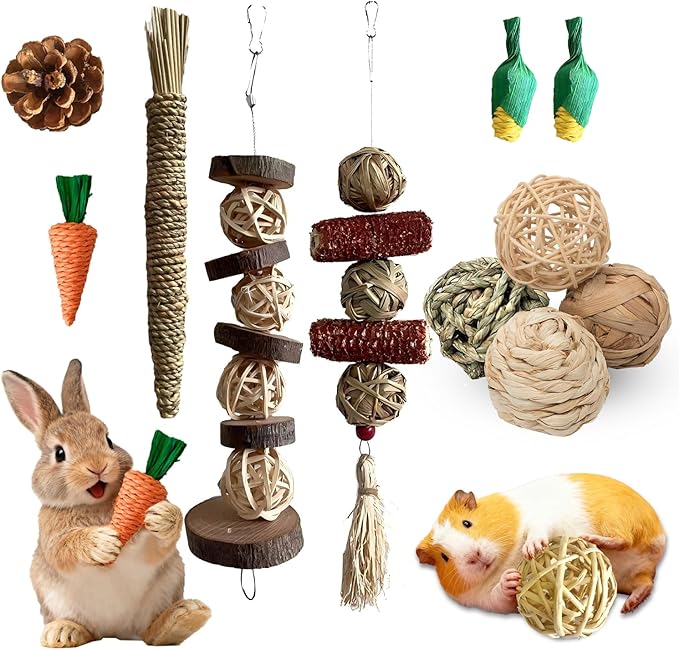 Rabbit Toys Bunny chew/Premium Guinea Pig Toys Natural Material Timothy Hay Sticks Apple Wood Sticks Handmade for Guinea Pig Hamster Rat Chinchilla