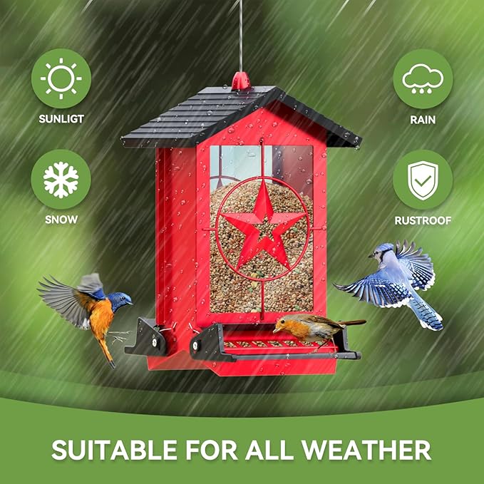 Squirrel Proof Bird Feeders for Outdoors with Weight-Activated, Metal 5LB Large Wild Bird Feeders for Cardinals,Blue Jay,Finch, Weatherproof Durable Hanging Bird Feeder for Backyard,Garden (Red)