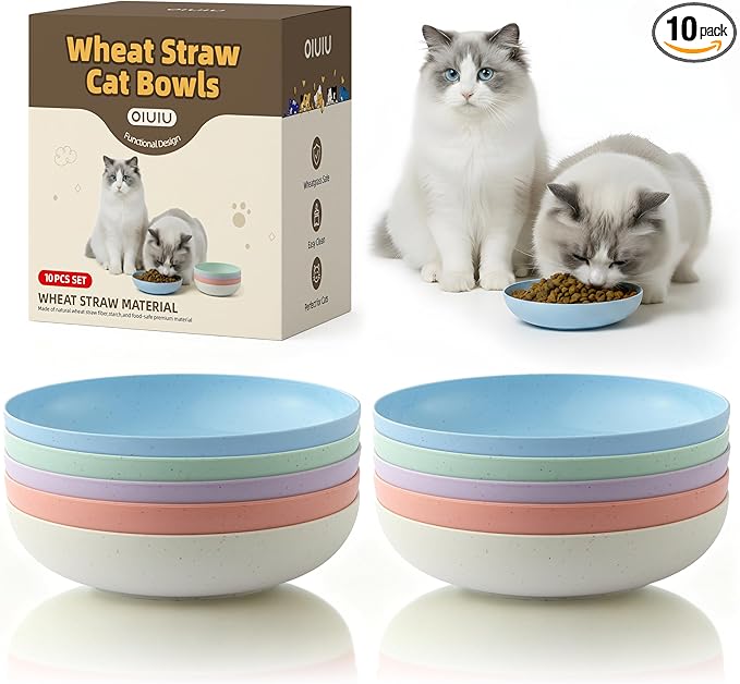 OLULU 10 Pack Cat Bowls, Whisker Friendly Kitten Dishes, Durable Wheat Straw Cat Food Bowls for Indoor Outdoor Cats
