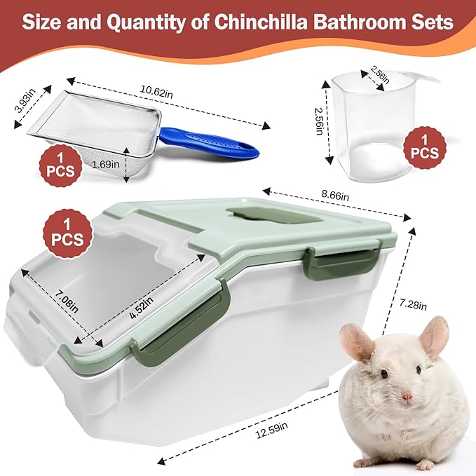 Large Chinchilla Sand Bath Container Kit Plastic Chinchillas Dust Bath House with Sand Cup and Sand Shovel Hamster Shower Room for Hedgehog Guinea Pig Squirrel and Other Small Animals(Green)