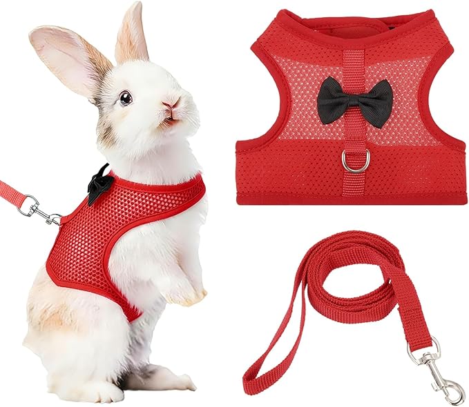 Rabbit Harness and Leash, Small Pet Cute Vest Harness Leash Soft Adjustable Buckle Breathable Mesh (L, Red) for Bunny Kitten Small Pig Puppies Camping Hiking Training