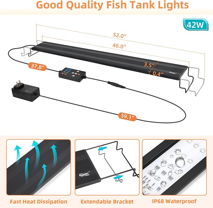 hygger LED Aquarium Light, 42W Full Spectrum Fish Tank Light with Multi-Color Timer DIY Mode 24/7 Natural Mode Adjustable Brightness, Aquarium Plant Light with Extendable Brackets for 46~52IN Tank