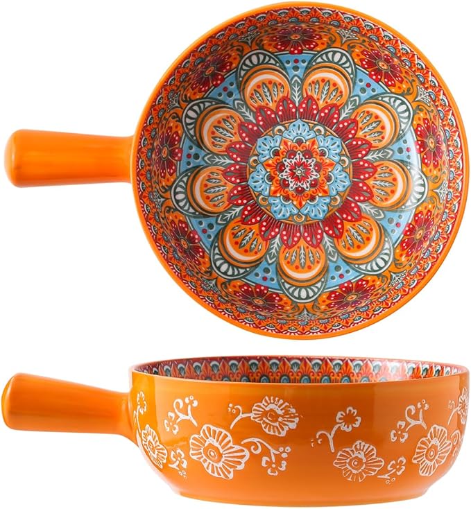9 In Soup Bowl with Handle Orang, 23 Oz Soup Bowls Spaghetti Bowl, Bohemian Ceramic Soup Crocks for Cereal, Pasta, Noodle, Rice, Beef Stew, Chilli, Oven Microwave Dishwasher Safe Gift