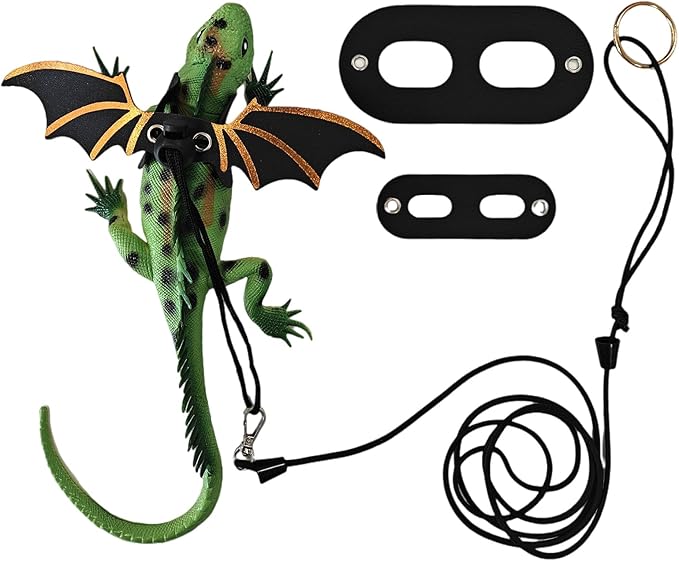 Dinosaur Wing Leash Harness for Bearded Dragons - 3-Size Adjustable Reptile Harness Set, Safe Escape-Proof Design for Lizards, Geckos, Iguanas & Small Pets (Black)