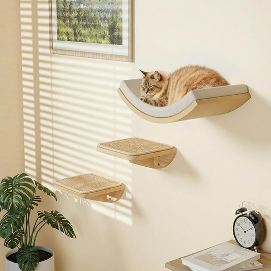 Cat Window Perches, Curved Cat Wall Beige Bed and 2 Floating Wall Steps, Wall Mounted Climbing Shelves for Sleeping, Playing, and Lounging